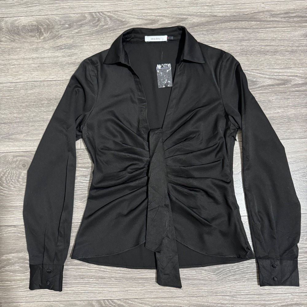 Idem Ditto Black Ruched Front Long Sleeve Collared Button Down Gothic Shirt M - Picture 9 of 14